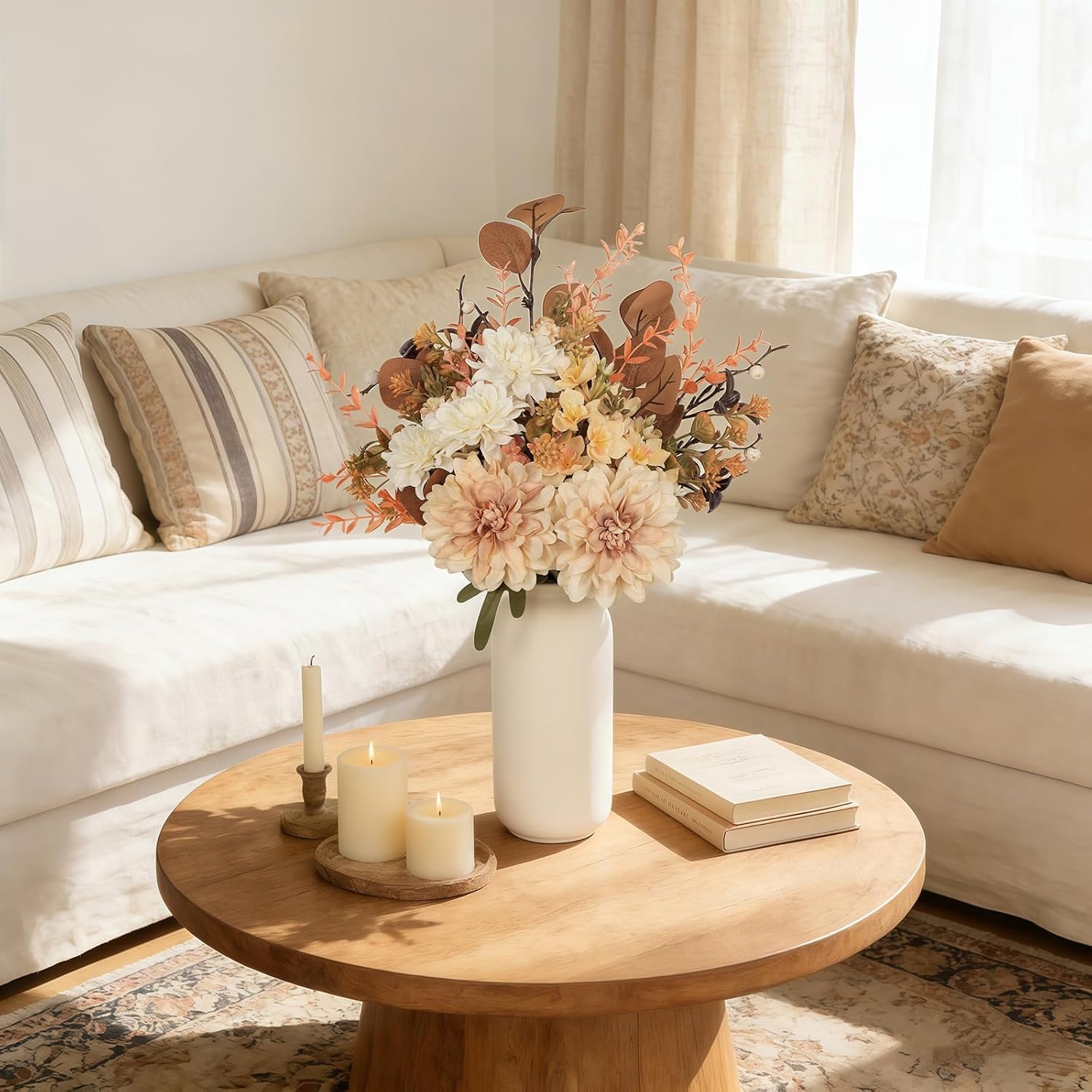 Artificial Fall Flowers Bouquet In Ceramic Vase, Faux Brown Flower Centerpieces For Coffee Table Decorations, Fake Silk Floral Arrangements For Thanksgiving Living Dining Room Bedroom Decor