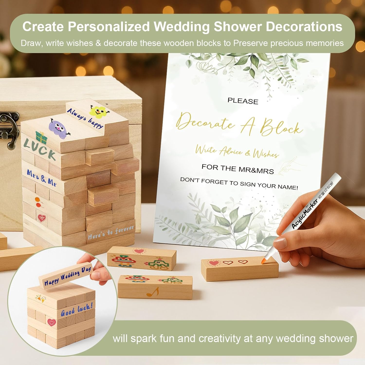 101Pcs Wedding Shower Games Blocks To Decorate Kit, Bridal Shower Game Ideas Activities For Stacking, Building & Drawing, Suitable For Bride & Groom Party Game, Anniversary, Decorations, Favors