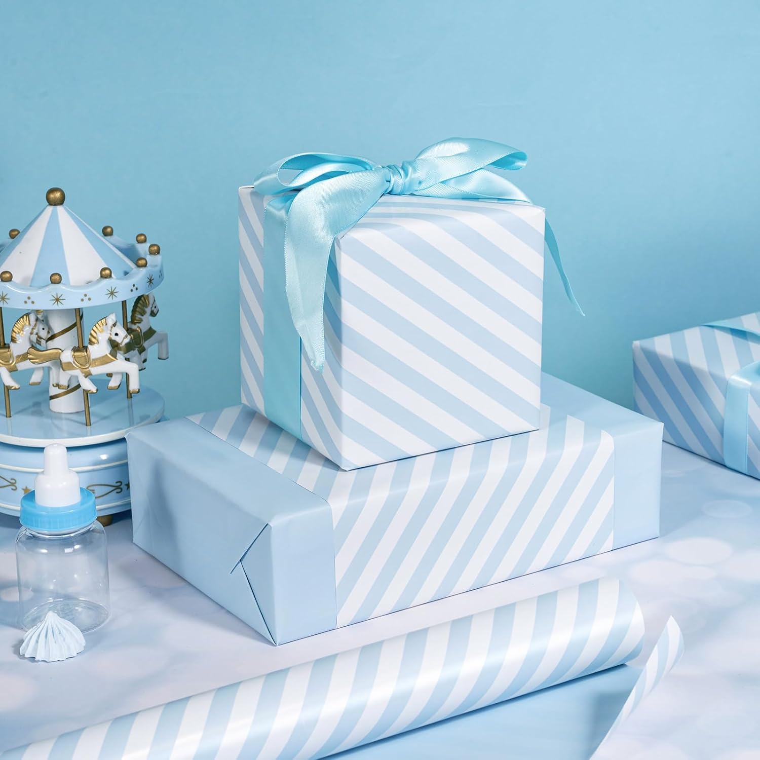 30 Inch Reversible Baby Blue Wrapping Paper - Baby Blue And Stripes Wrapping Paper For Birthday, Holiday, Wedding, Baby Shower - 30 Inch X 33 Feet