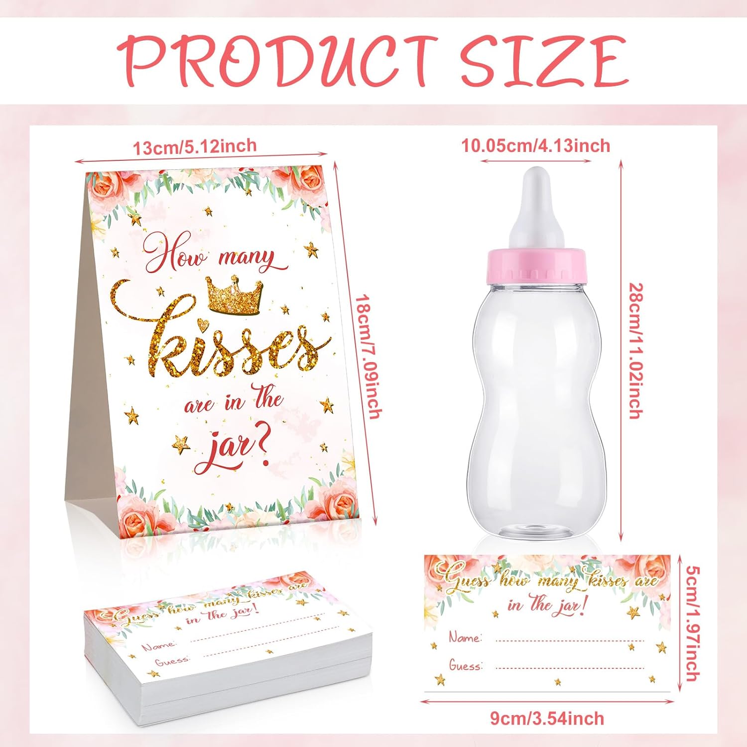 Guess How Many Baby Shower Game Sign With 50 Cards Pink Floral Greenery Big Baby Bottles Decorations 2.76 X 2.76 X 8.27 Inch Giant Bottles For Girl Boy Party Games Favor Gift(Cute Style)