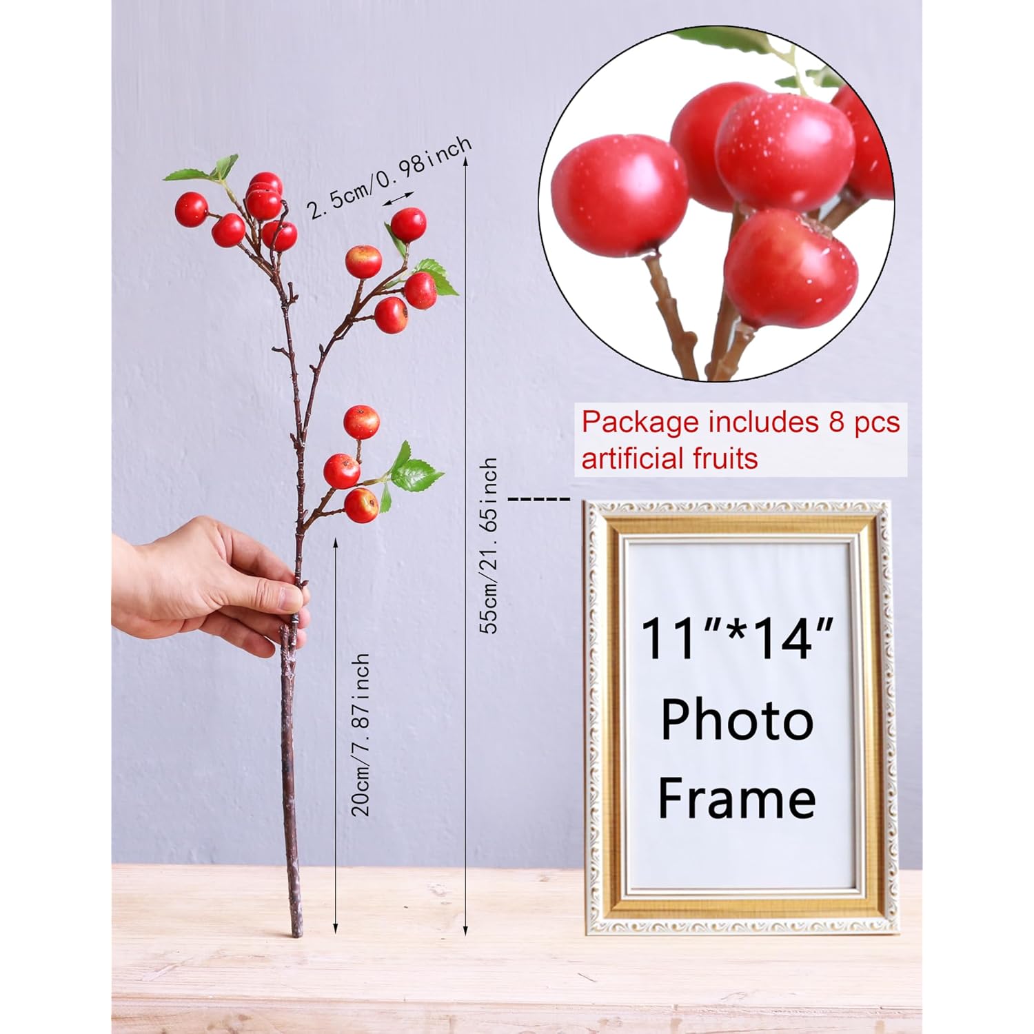 Realistic 8Pcs 21.6 Inch Red Berry Artificial Flowers Faux Berries Fruit Branches For Kitchen Table Decor Dining Room Party Home Centerpieces Christmas Vase Fillers Farmhouse