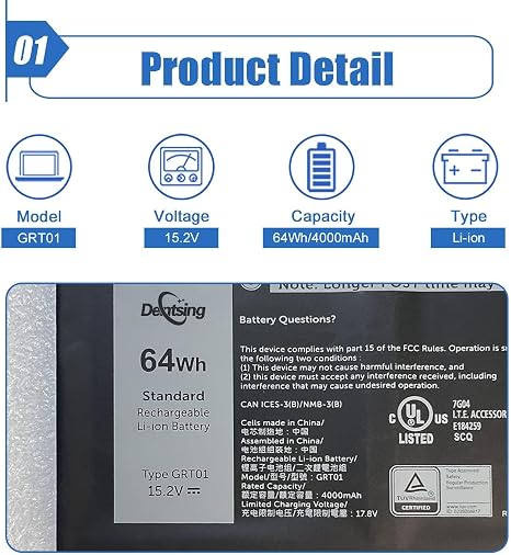 64Wh GRT01 Laptop Battery Replacement for Dell Latitude Precision Alienware m17 R5