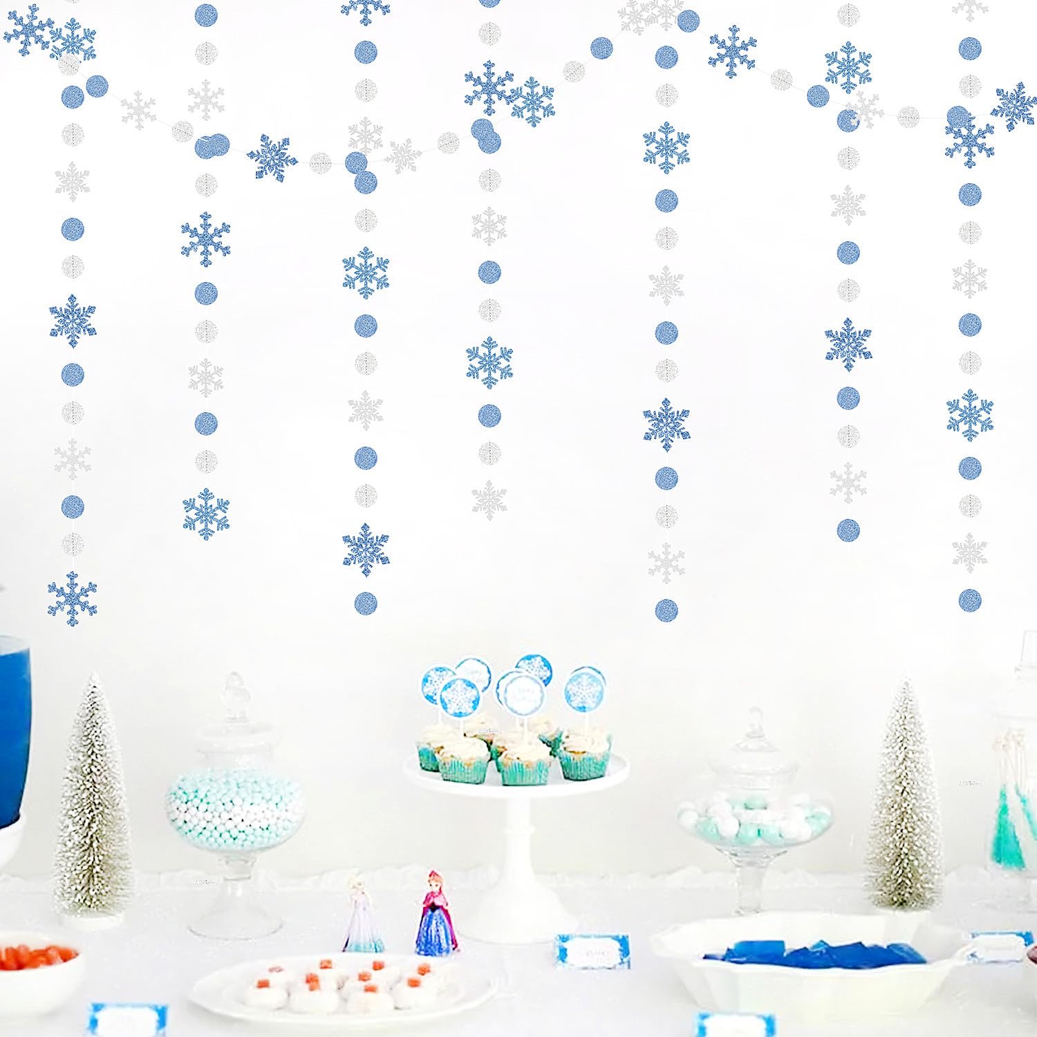Snowflake-Snow Blue-Silver Christmas Party-Decoration Garland - 52Ft White Winter Wonderland Frozen Hanging Paper Streamers,Birthday New Year Baby Shower Supplies Classroom Decor