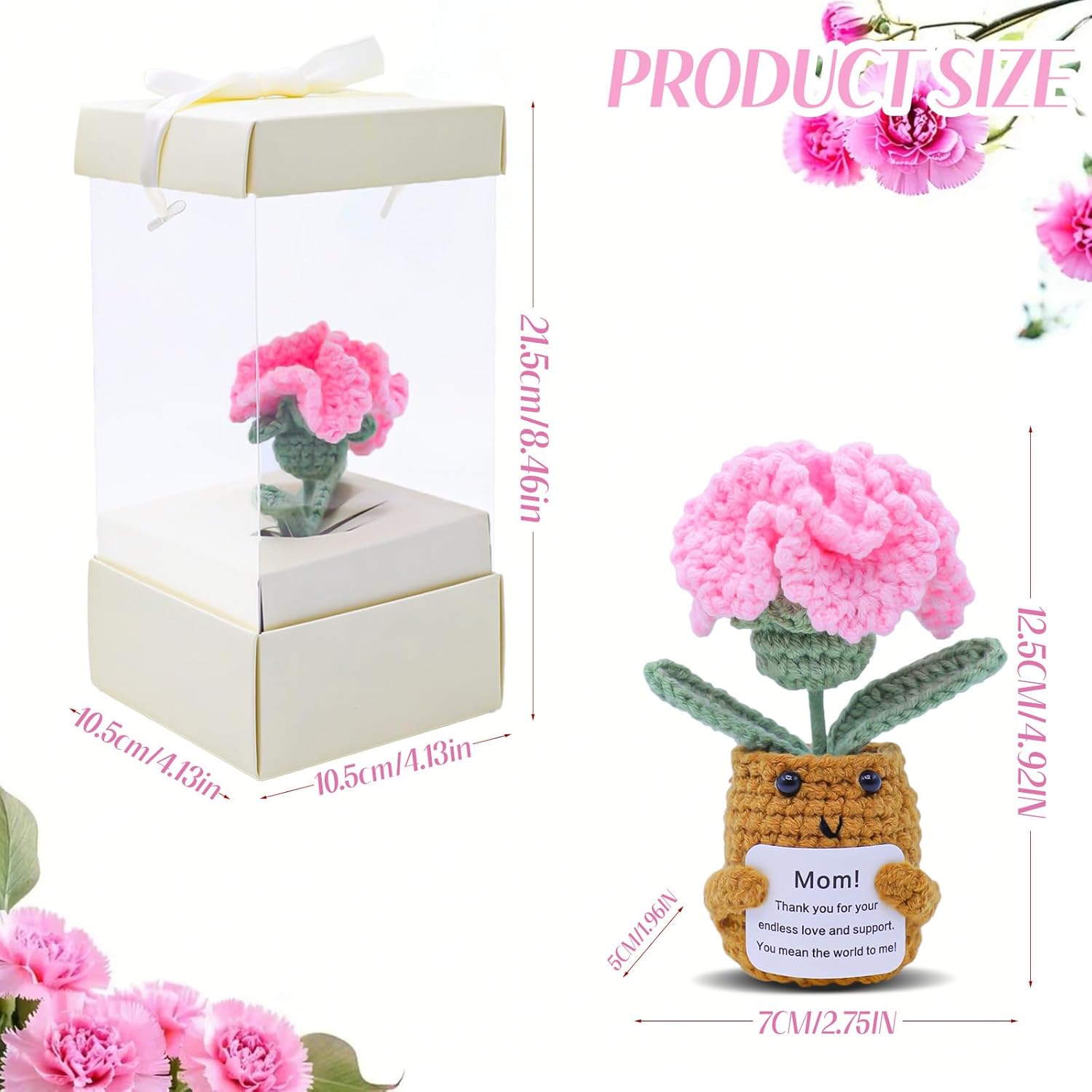 Mother'S Day Decor Artificial Carnation Flowers Handmade Crochet Flower Bouquet Cute Knitted Flower Bouquet Kit Crochet Plant Potted Artificial Carnations Gift Box (Pink, 1Pcs)