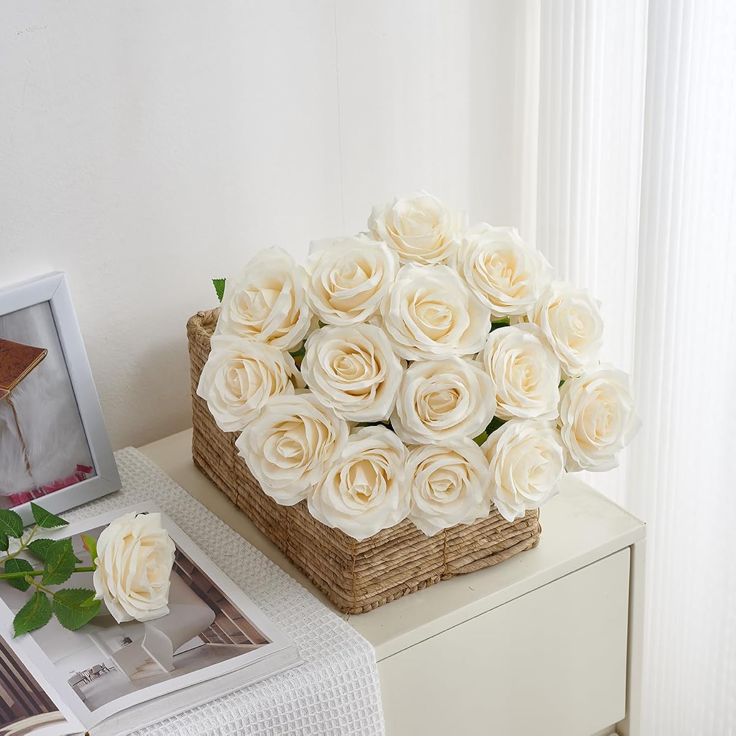50Pcs Ivory Roses Artificial Flowers Bulk,Fake Roses Silk Flower With Stems Realistic Flowers For Wedding Centerpiece Home Party Decor