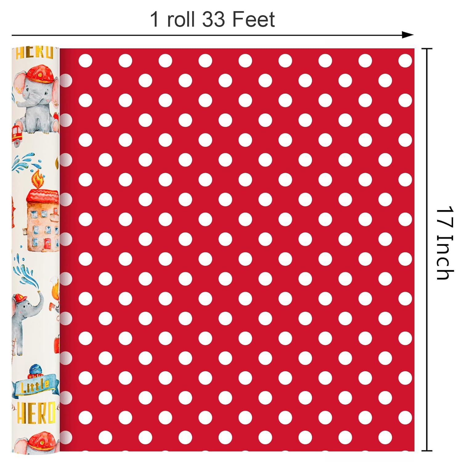 Gift Wrapping Paper Roll, 17 Inch X 33 Feet Cute Elephant Firefighter Wrap Paper With Polka Dot For Birthday Party Boys Girls Baby Shower