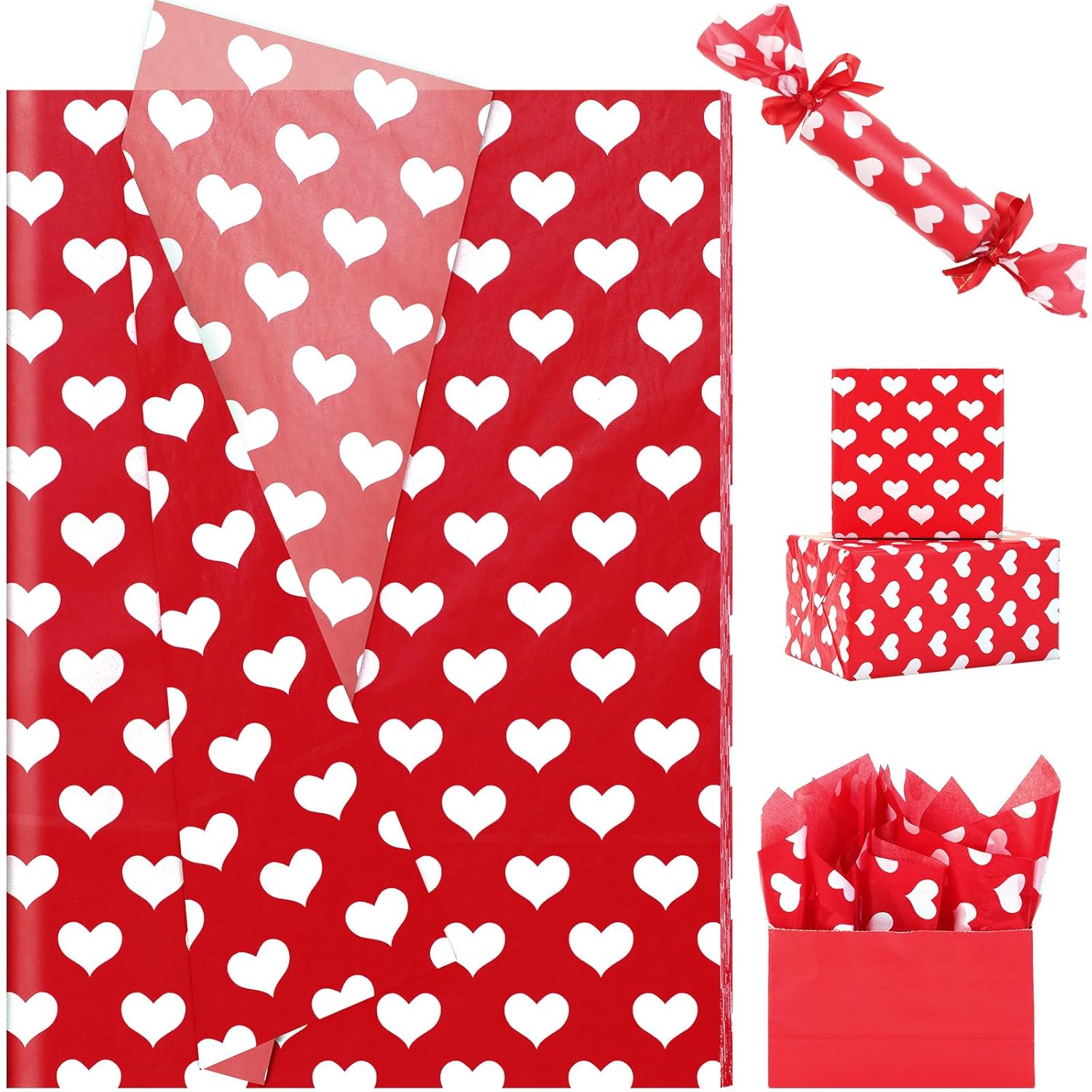 60 Sheets Love Heart Tissue Paper, 20X14 Inches Valentine'S Day Red White Heart Printed Wrapping Tissue Love Decorative Art Tissue For Wedding Anniversary Party Decor (Red)