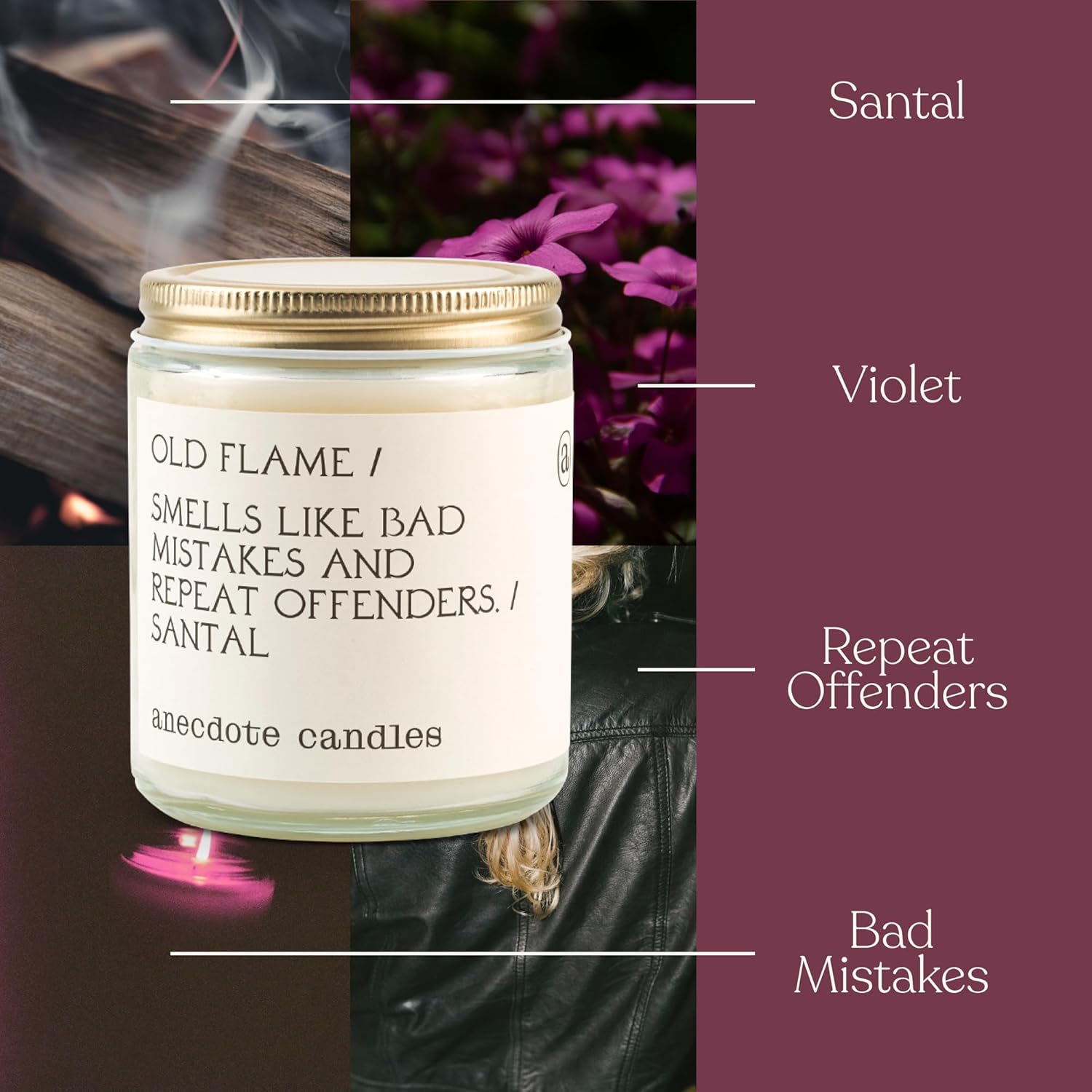 Anecdote 'Old Flame' Coconut Soy Wax Candle Jar | Premium Hand Poured & Long Burning | Sandalwood & Leather Scent | Phthalate-Free | For Home, Office, Gift - 7.8 Oz