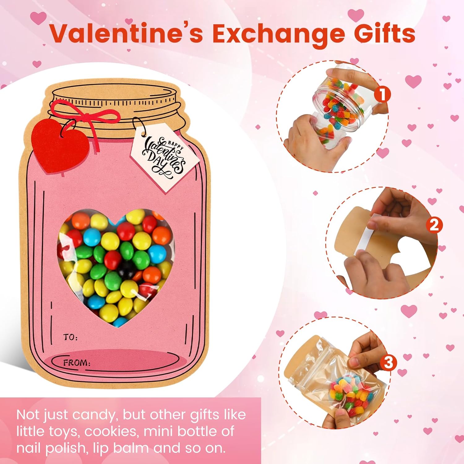 50 Pack Mason Jar Valentine Cards For Kids Classroom, 5 Color Designs Diy Valentines Day Cards With Treat Bags, Candy Valentines For School Exchange Party Favors (Candy Not Included)