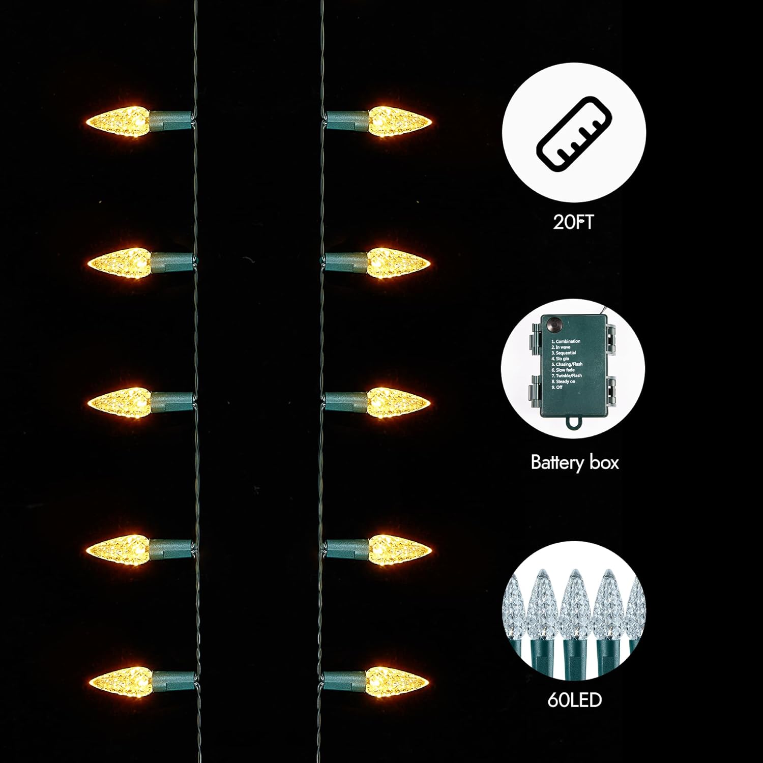 C6 Battery Operated Christmas Lights 60 Led 20Ft String Lights With 8 Modes, Auto Timer, Waterproof For Indoor Outdoor C
