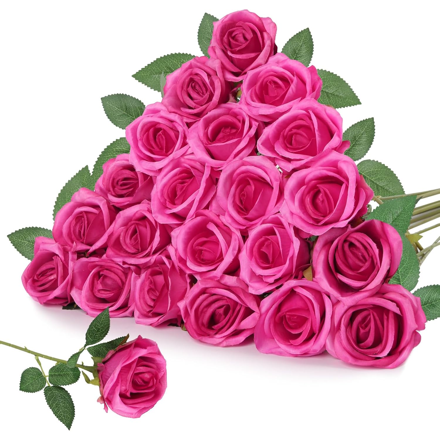 25Pcs Elegant Rayon Hot Pink Rose Bouquet - Long-Stemmed Roses For Weddings, Parties, Home Decoration, Photo Decoration, And High Vase Filling