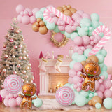Gingerbread Balloon Arch 139Pcs Christmas Balloon Garland Arch Kit Pastel Pink Green Balloons Arch Kit With Pink Candy Cane, Candy, Gingerbread House Balloons For Xmas Holiday Party Decorations