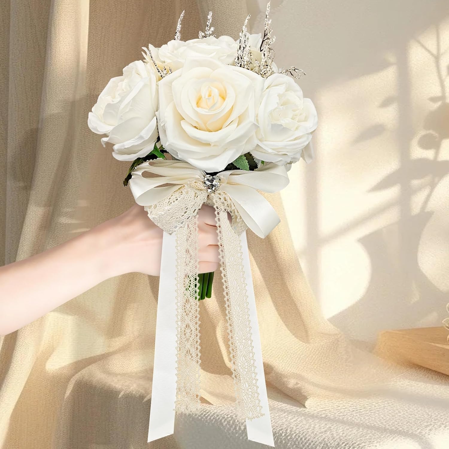 8.5 Inches Wedding Bouquet Cream Artificial Flower Bouquet 15 Faux Roses For Bride Wedding Marriage Proposal Party Church Decoration