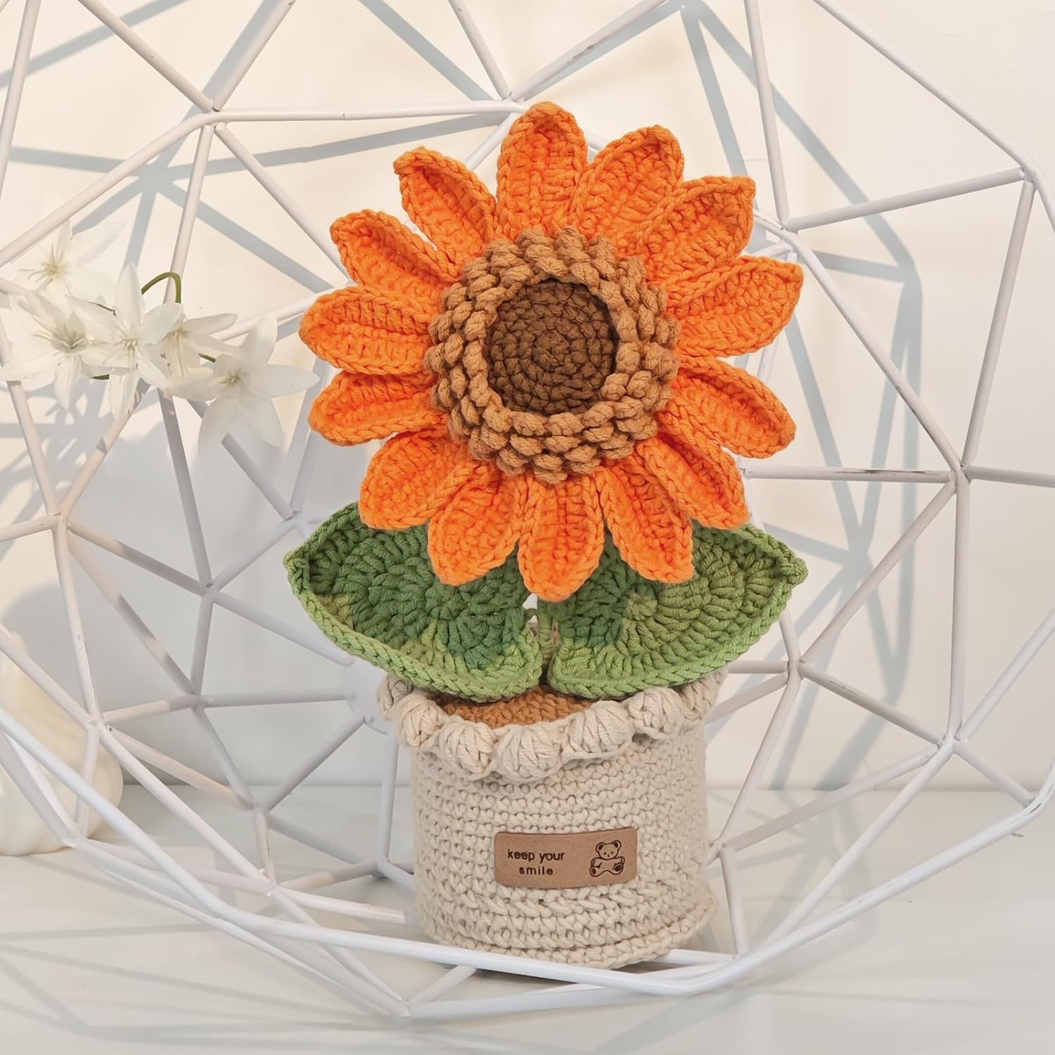 Handmade Crochet Sunflower In Flowerpot, Artificial Knitted Flower Decoration, Orange And Green, Home Office Desk Decor Gifts For Ladies Holiday, Car Dashboard Decorations, Handwoven Flowers