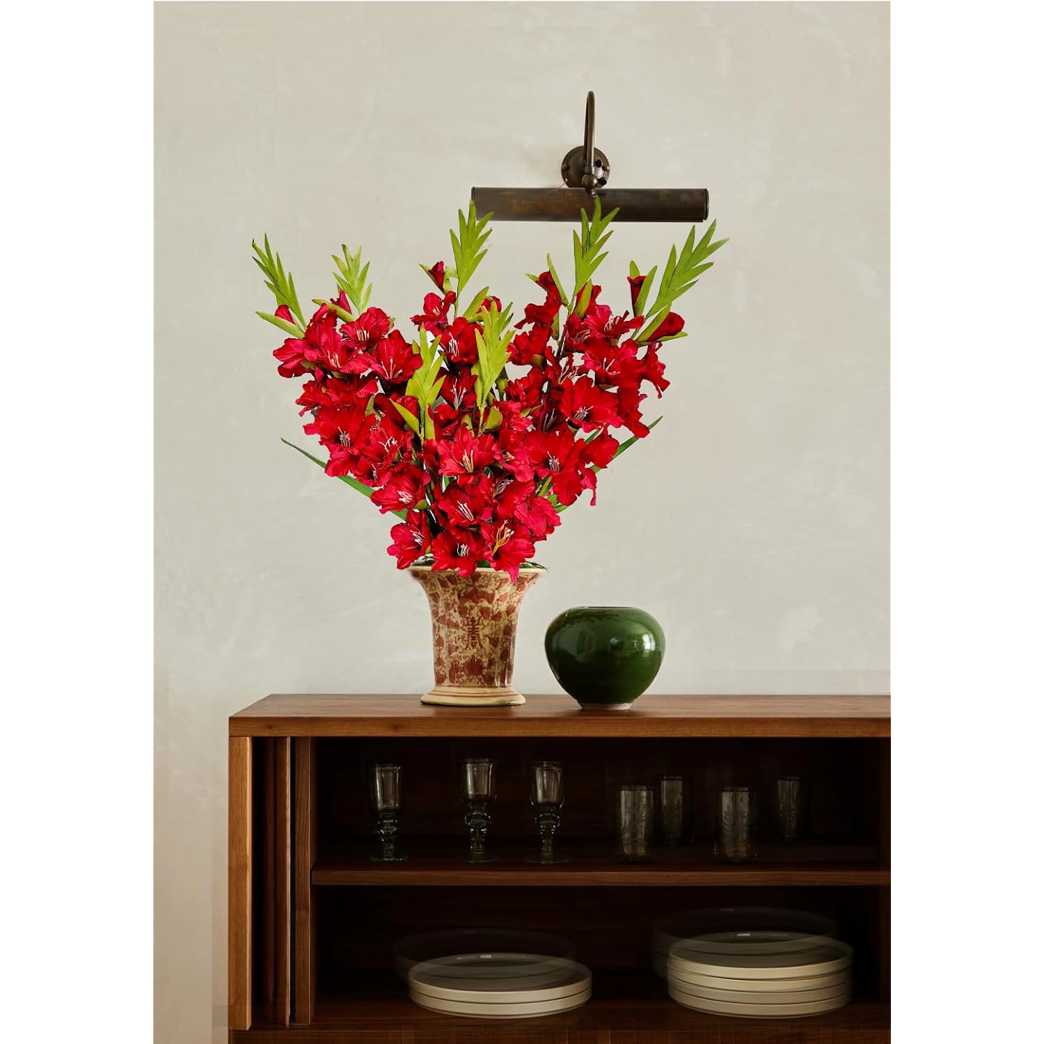 Pack Of 6 - Gladiolus Flowers Artificial Orchid Plants Long Silk Flower Stems Vase Table Kitchen Home Garden Party Wedding Decoration (Red)