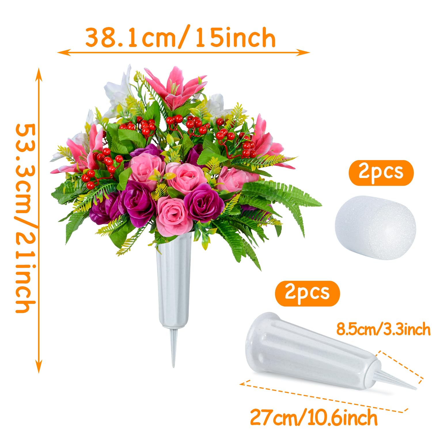 Artificial Cemetery Flowers With Vase, Set Of 2 Artificial Rose Lily Bouquet Graveyard Memorial Flowers For Cemetery Headstones Decoration