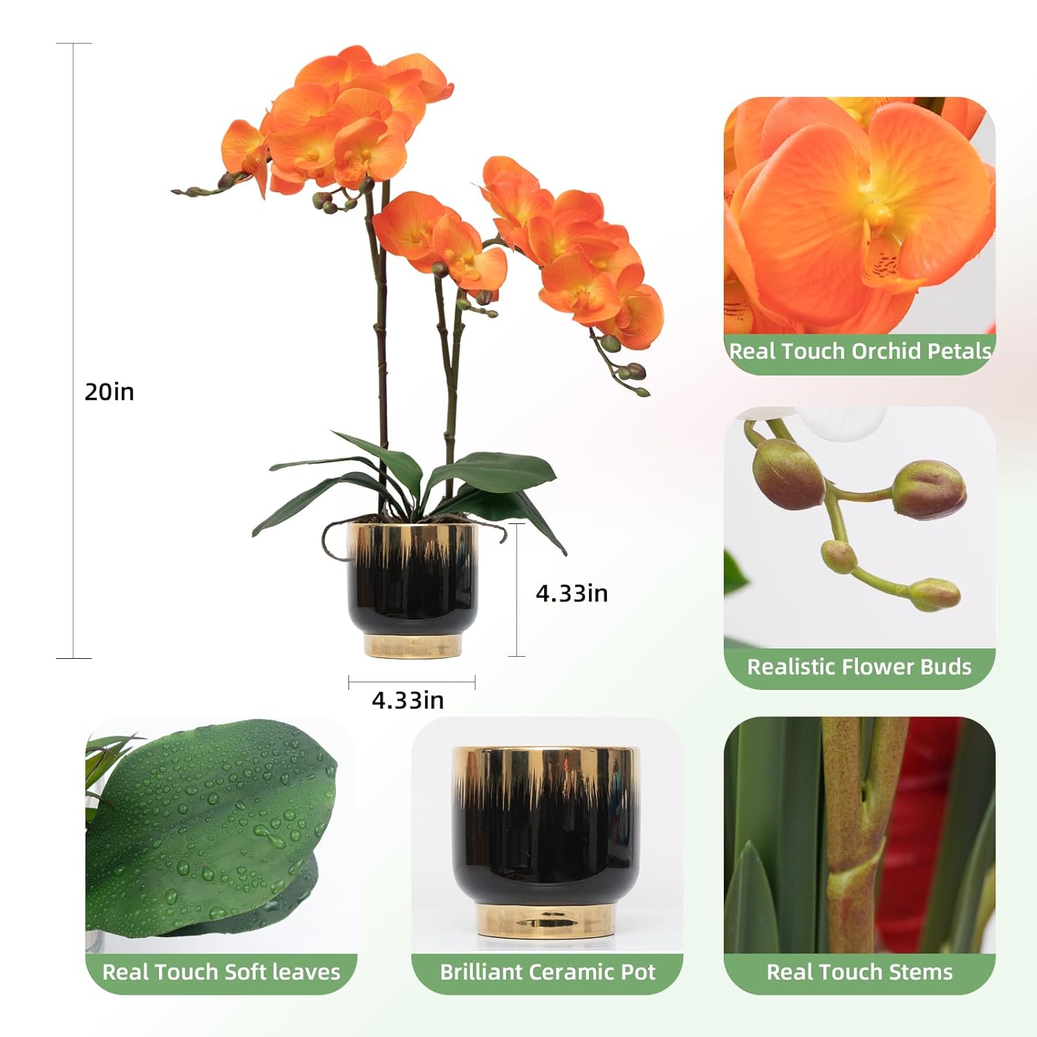 Orchids Artificial Flowers Real Touch Fake Flowers In Ceramic Pot 20" Orange Faux Orchid Plant Lifelike Silk Phalaenopsis For Centerpiece Hotel Home Indoor Decor