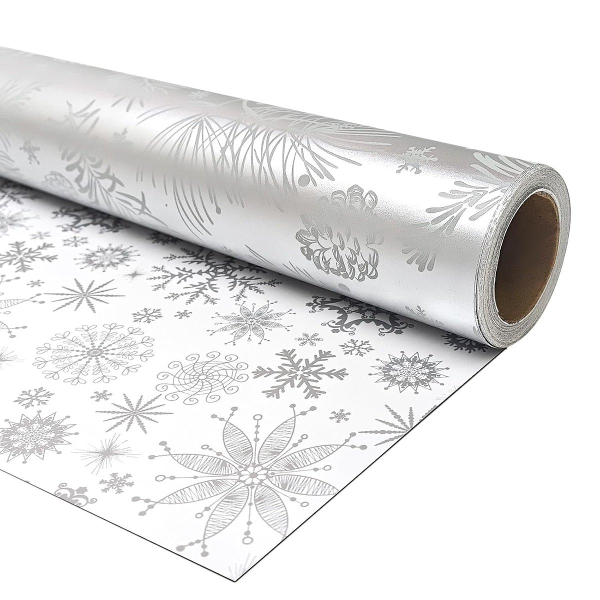 Mini Short Christmas Wrapping Paper Roll - Reversible Design (17 Inches X 32.8 Feet) - Silver & Gray Pinecone, Branches, Snowflakes