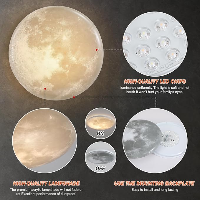 15 Inch 3D Moon LED Ceiling Light 5CCT Adjustable Flush Mount Fixture