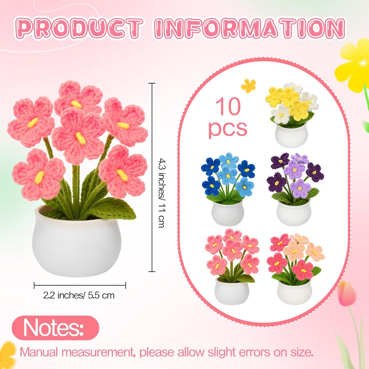 10 Pcs Crochet Flower Potted Plants Gifts, Artificial Handmade Knitted Flowers Cute Fake Plant For Mother Valentine Teacher Employee Coworker Gifts And Home Decor (Forget Me Not)
