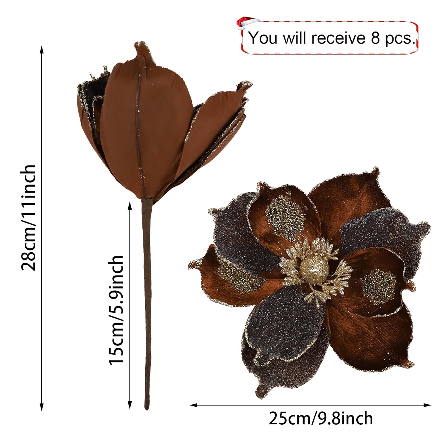 10In Brown Christmas Flowers 8 Pcs Large Christmas Glitter Magnolia Flowers Christmas Tree Ornaments Giant Artificial Flowers With Stems For Xmas Tree Holiday Decorations