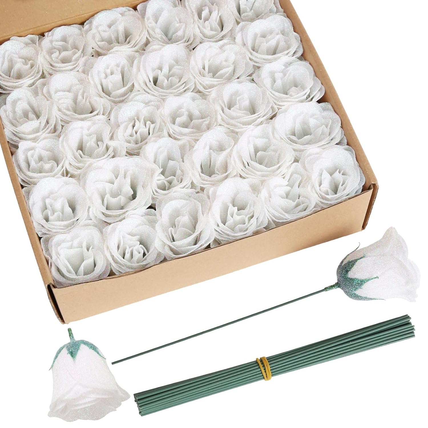 Artificial Roses, 30Pcs White Roses Silk Roses Artificial Flowers For Crafts Wedding Bouquet Home Decoration(White)
