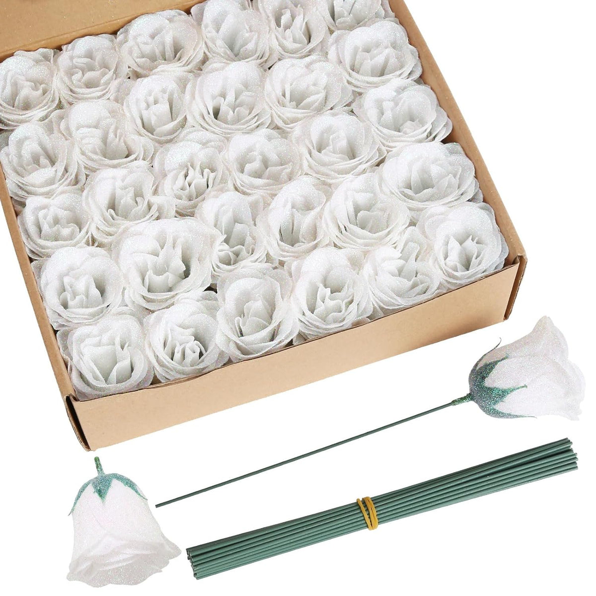Artificial Roses, 30Pcs White Roses Silk Roses Artificial Flowers For Crafts Wedding Bouquet Home Decoration(White)