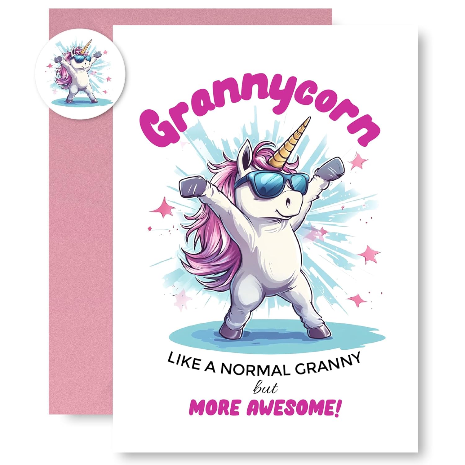 Funny Grandma Birthday Card For Granny, Cool Greeting Cards For Grandma Birthday, Envelope And Sticker