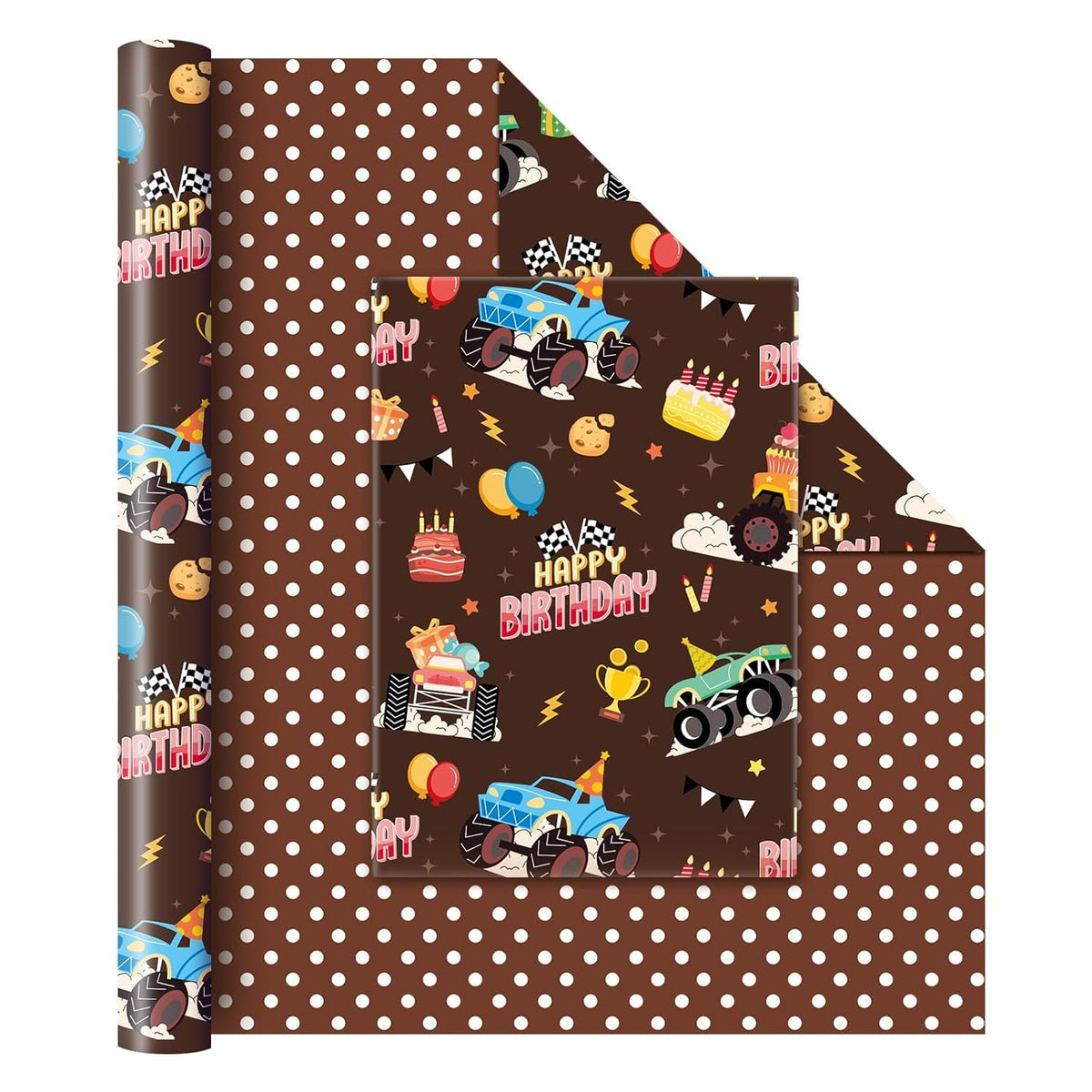 Monster Truck Wrapping Paper Roll - 1 Roll 17” X 33 Ft Brown Happy Birthday Wrapping Paper For Boys Kids Reversible Monster Trucks Gift Wrap For Racing Car Party Decorations Supplies