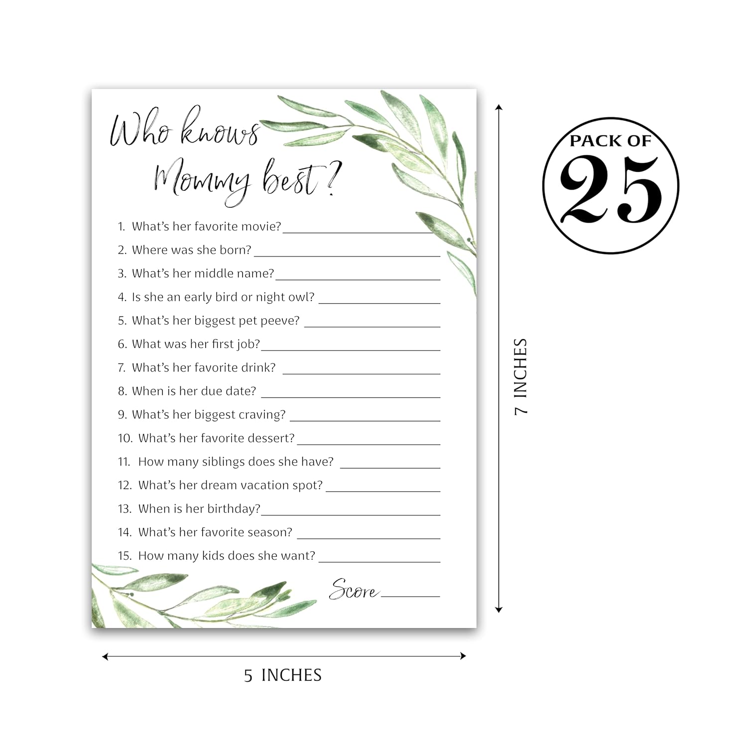 Greenery Baby Shower Games Who Knows Mommy Best - Pack Of 25 - Gender Neutral Baby Shower Game New Parent Couples Coed Reveal Fun Guessing Game Mom To-Be Green Olive Branch Shower Activity G320-Wkm