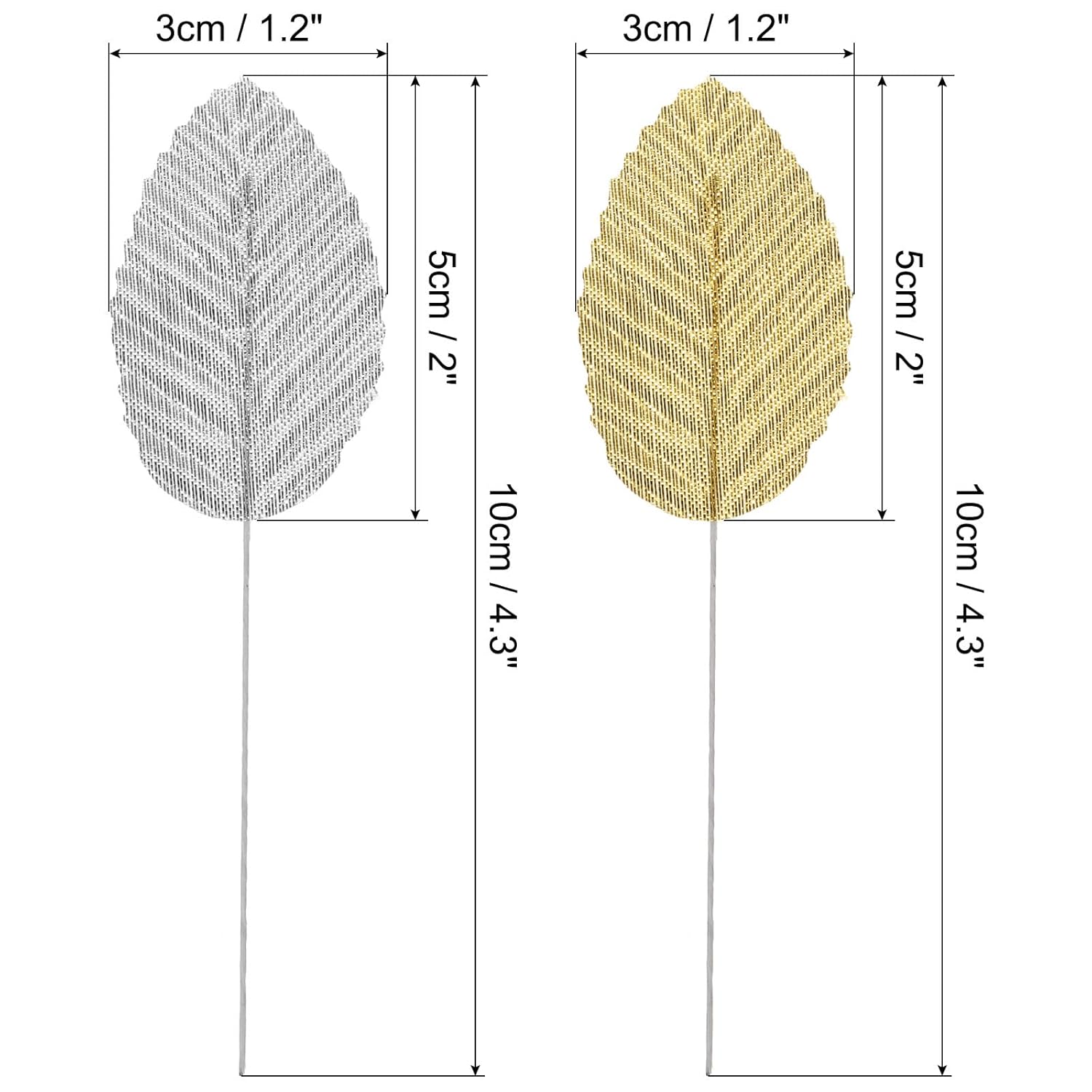 4.3" Artificial Silk Leaf, 200 Pcs Artificial Leaves Stems Fake Leaves Bulk Fake Rose Wire Crafts For Home Office Decor, Gold Silver