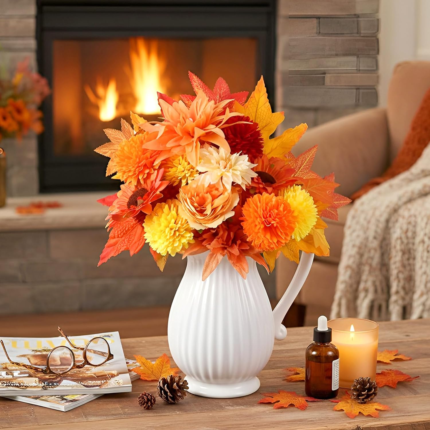 87 Pcs Artificial Thanksgiving Flowers Bouquets Fall Chrysanthemums Ball Flowers Maple Leaf Sunflower Head Accessories For Thanksgiving Diy Wreath Floral Arrangements Table Centerpiece Decor
