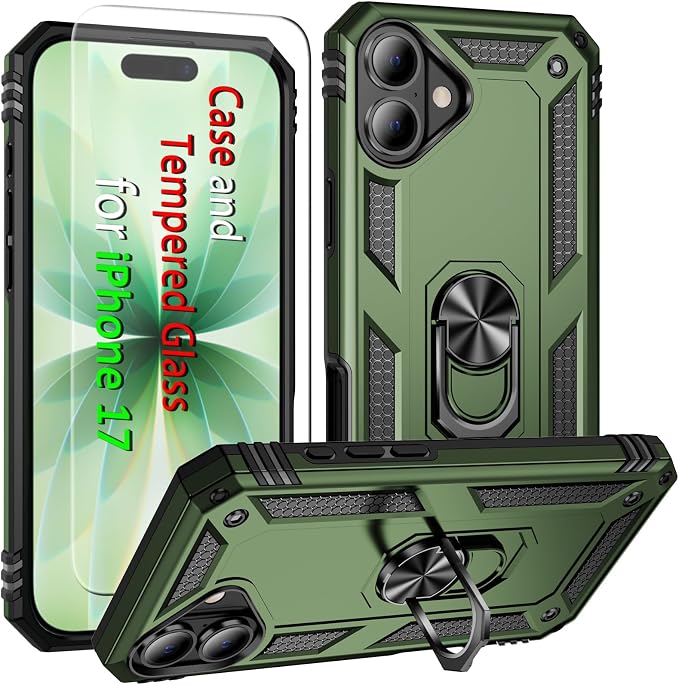 iPhone 17 Case iPhone 18 Case with Screen Protector and Built-in Kickstand Army Green Full Body Cover