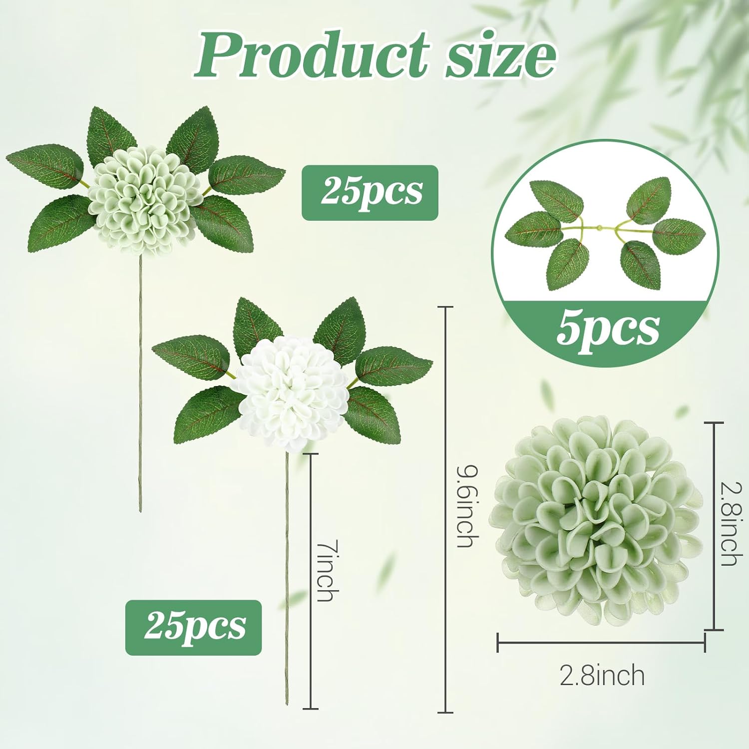 50 Pcs Sage Green Artificial Flowers With Stem For Diy Wedding Bouquets Centerpieces Arrangements, Green And White Dahlia Flowers For Bridal Shower Party Home Decorations, 3.15 Inches