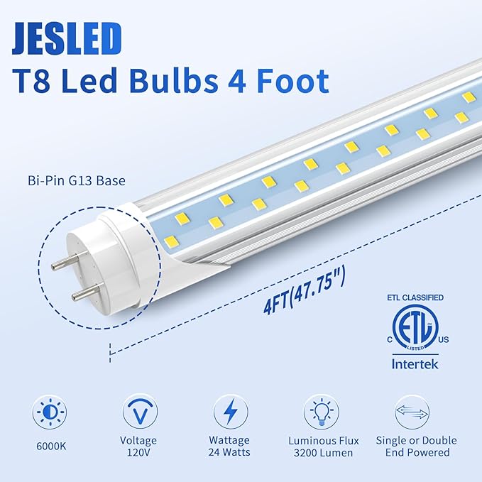 4 Pack 4FT T8 LED Type A B Bulbs 24W 3200LM 6000K Plug and Play Ballast Bypass