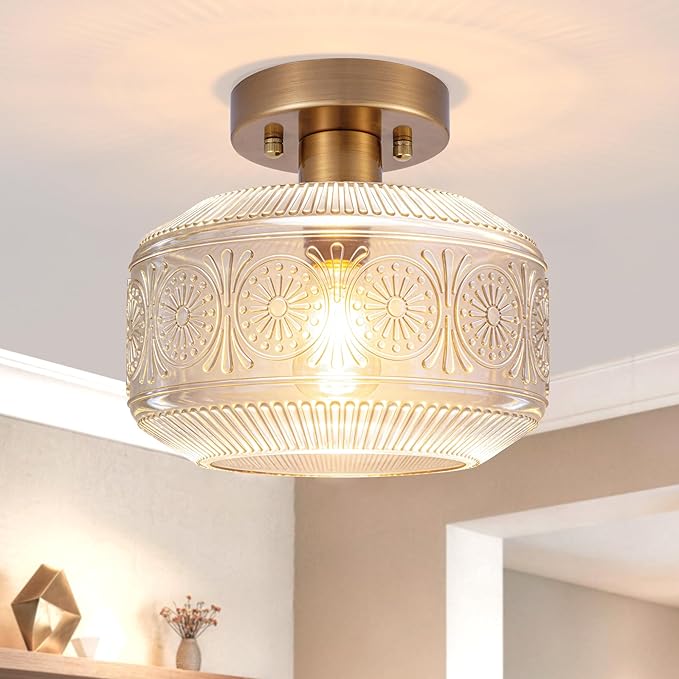 Vintage Brass Glass Ceiling Light Semi Flush Mount Hallway Bedroom Fixture
