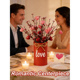 Valentine & Galentine'S Day Table Centerpiece Decor, Artificial Heart Flower Stems With Metal Pots, Valentines Galentines Day Home Office Decorations Gift With Card (Red)