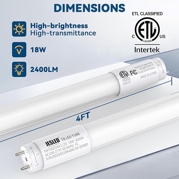 24 Pack 4FT T8 LED Bulbs 18W 2400LM 4000K Hybrid Type A B Fluorescent Tube Replacement