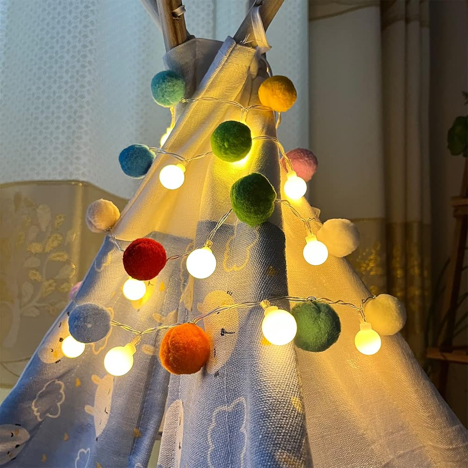 Indoor Pom Poms Fairy Lights - 6.56 Feet, 20 Led, Battery Operated, Warm White Globe Lights For Home, Bedroom, Kids Play
