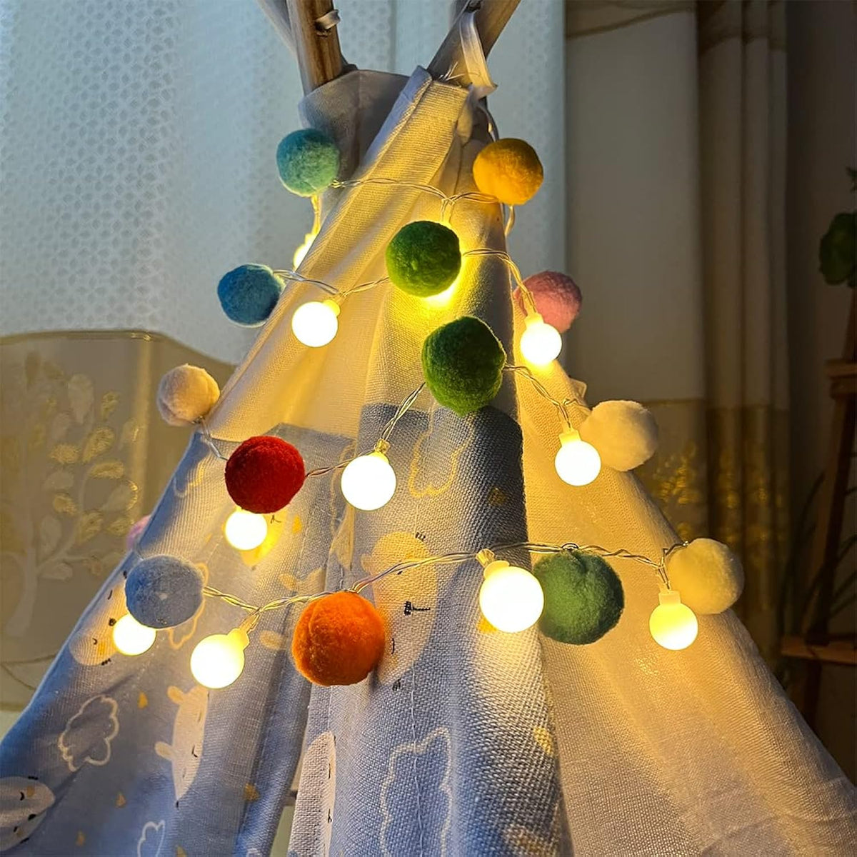 Indoor Pom Poms Fairy Lights - 6.56 Feet, 20 Led, Battery Operated, Warm White Globe Lights For Home, Bedroom, Kids Play