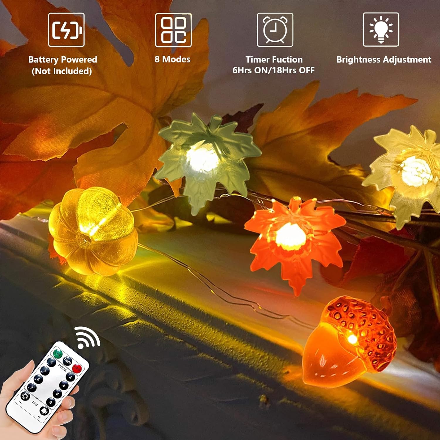 Thanksgiving Decor Lights 16.7Ft 50 Led 3D Pumpkin Acorn Maple Leaf Fairy String Light Fall Lights Battery Powered For H