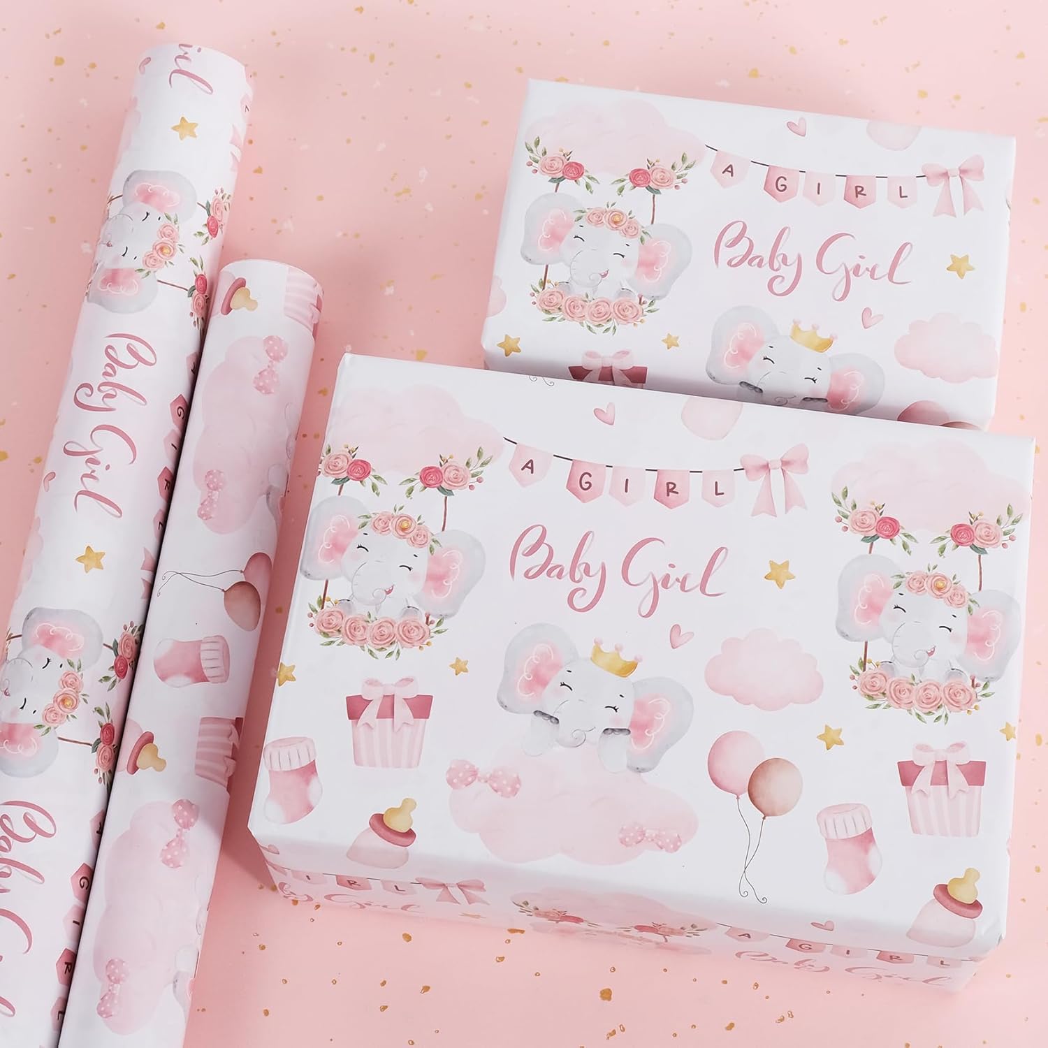 Pink Baby Shower Wrapping Paper Roll - 17 Inch X 16.4 Feet - Cute Elephant With Baby Girl Letter Design Perfect For Girls, Birthday, Party