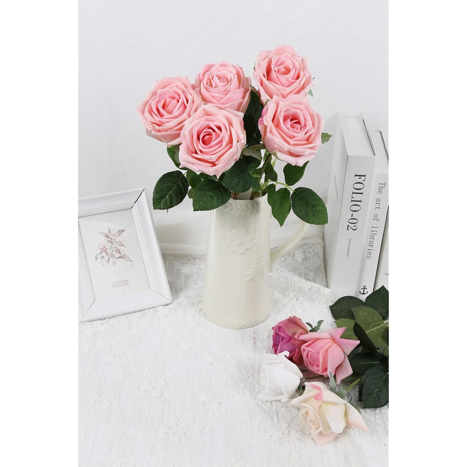 Pink Roses Artificial Flowers 5 Pcs 17.71” Fake Real Touch Roses With Stems For Wedding Party Diy Aisle Arrangement Bridal Bouquet Kitchen Table Centerpiece Vase Home Decor(Pink)