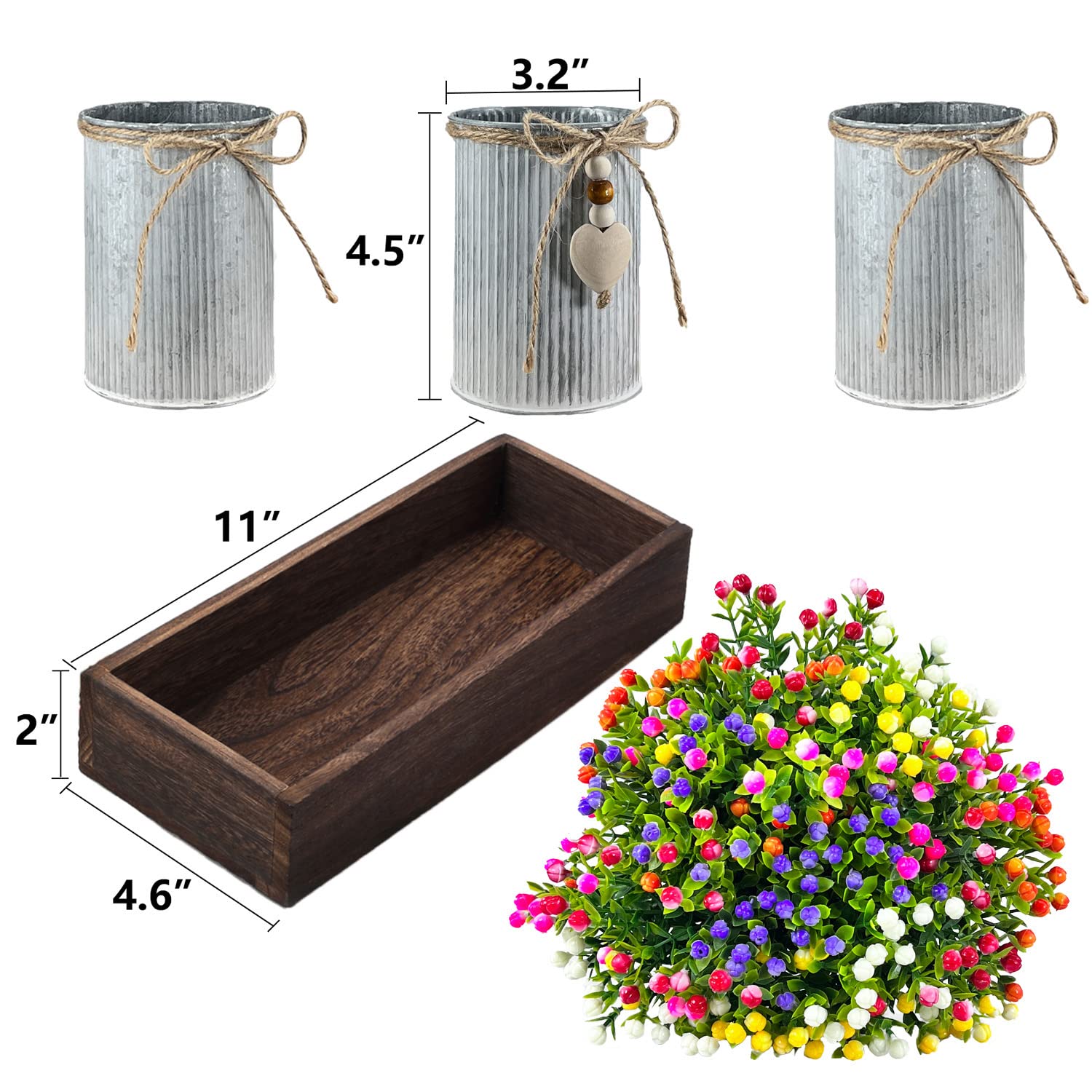 Table Centerpiece Decoration Artificial Flower Set With 3 Fake Milan Bouquet And Wood Tray For Desk Home Bathroom Office Décor