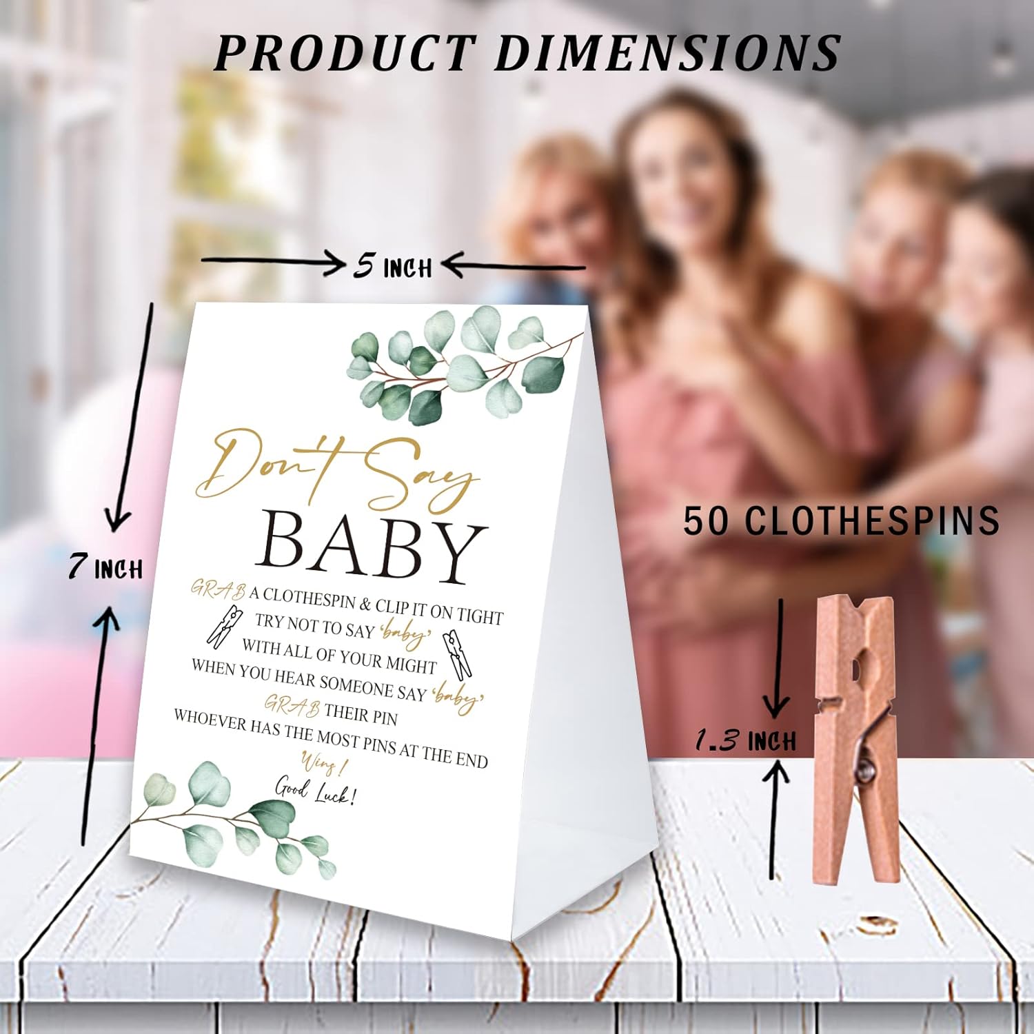 Don'T Say Baby Game For Baby Shower Clothespin Game, One 5X7 Coated Paper Sign And 50 Natural Clothespins, Succulent Theme, Gender Neutral -Ndsbb20
