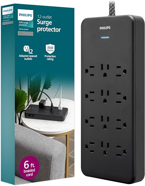 12 Outlet Surge Protector Power Strip 3500J 6FT Braided Extension Cord Wide Spaced Black