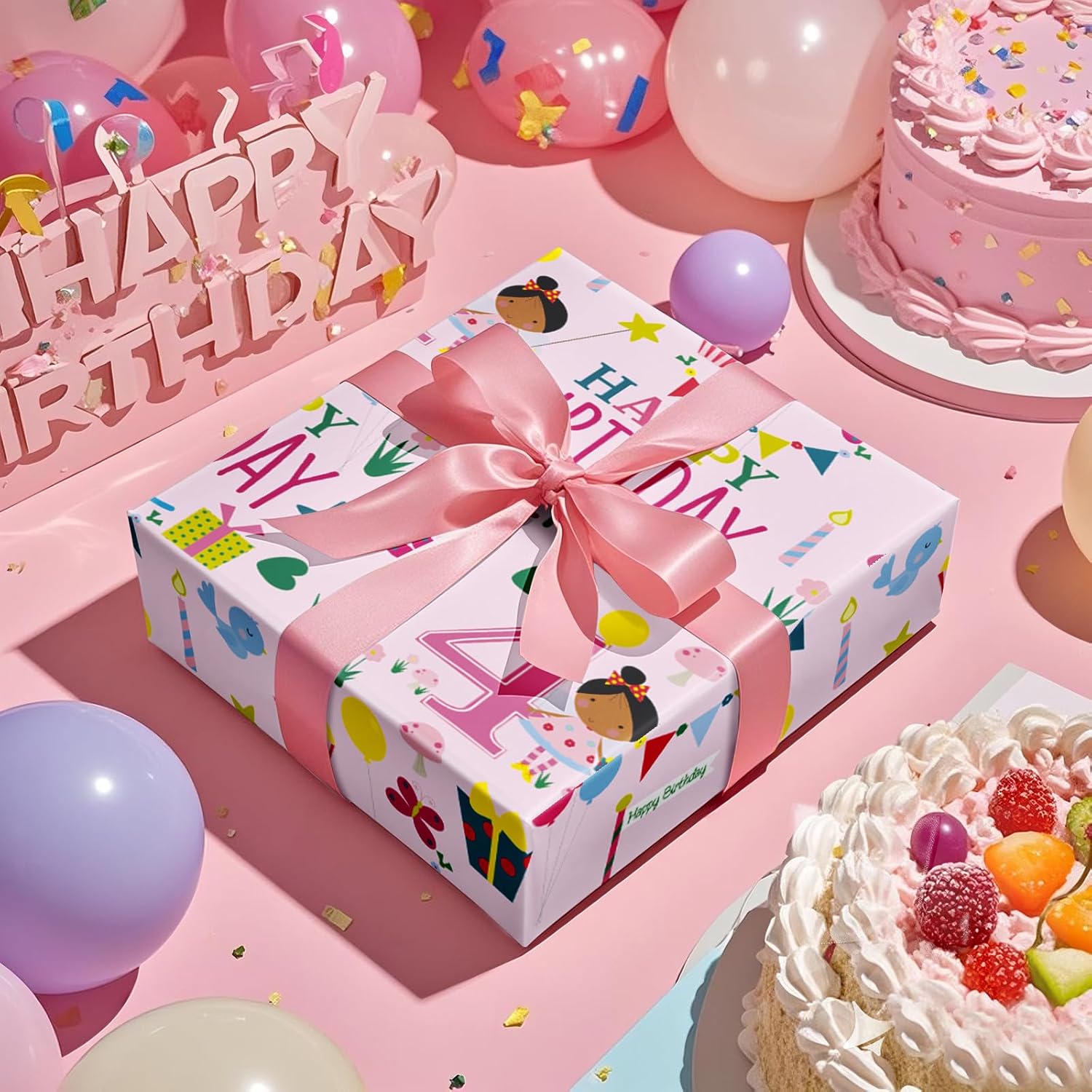 Happy 4Th Birthday Wrapping Paper Roll For Girls, Mini Roll, Pink Happy Birthday Girl Pattern Design For Party And More, 17 Inches X 16.4 Feet, 4 Years Old