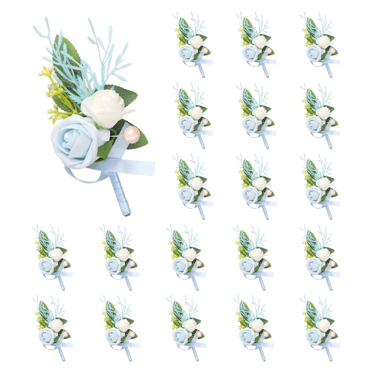 uxcell 20pcs Light Blue Boutonnieres for Men, Artificial Flower Buttonholes Pocket Corsage with Boutonnieres Pins for Wedding Bride Groom Ceremony Anniversary Formal Party