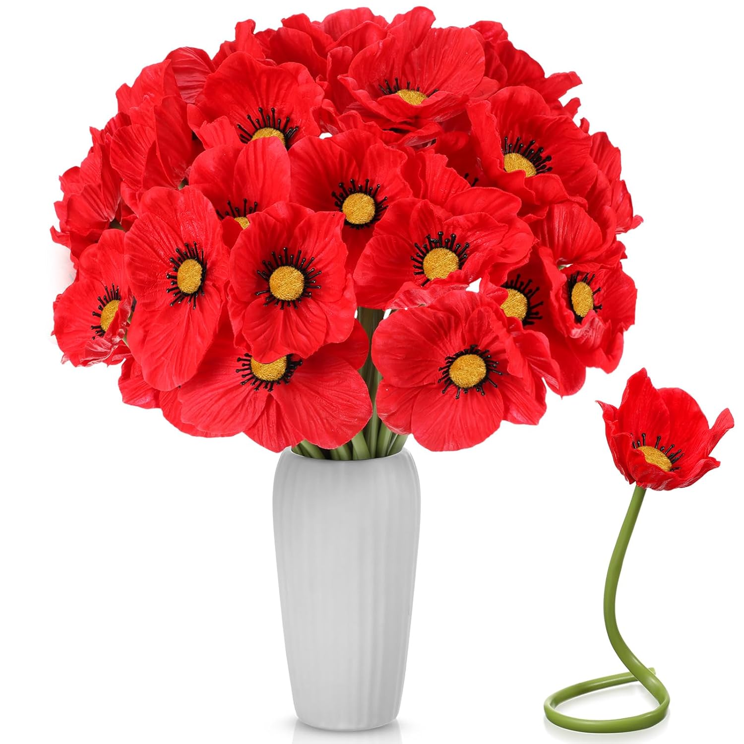 42 Pcs Artificial Poppy Flowers Bulk Veterans Day Pu Silk Poppy Flowers 11 Inch Poppy Anemone Stems Artificial Flowers For Table Centerpiece Home Veterans Bouquet Decor (Red, Yellow)