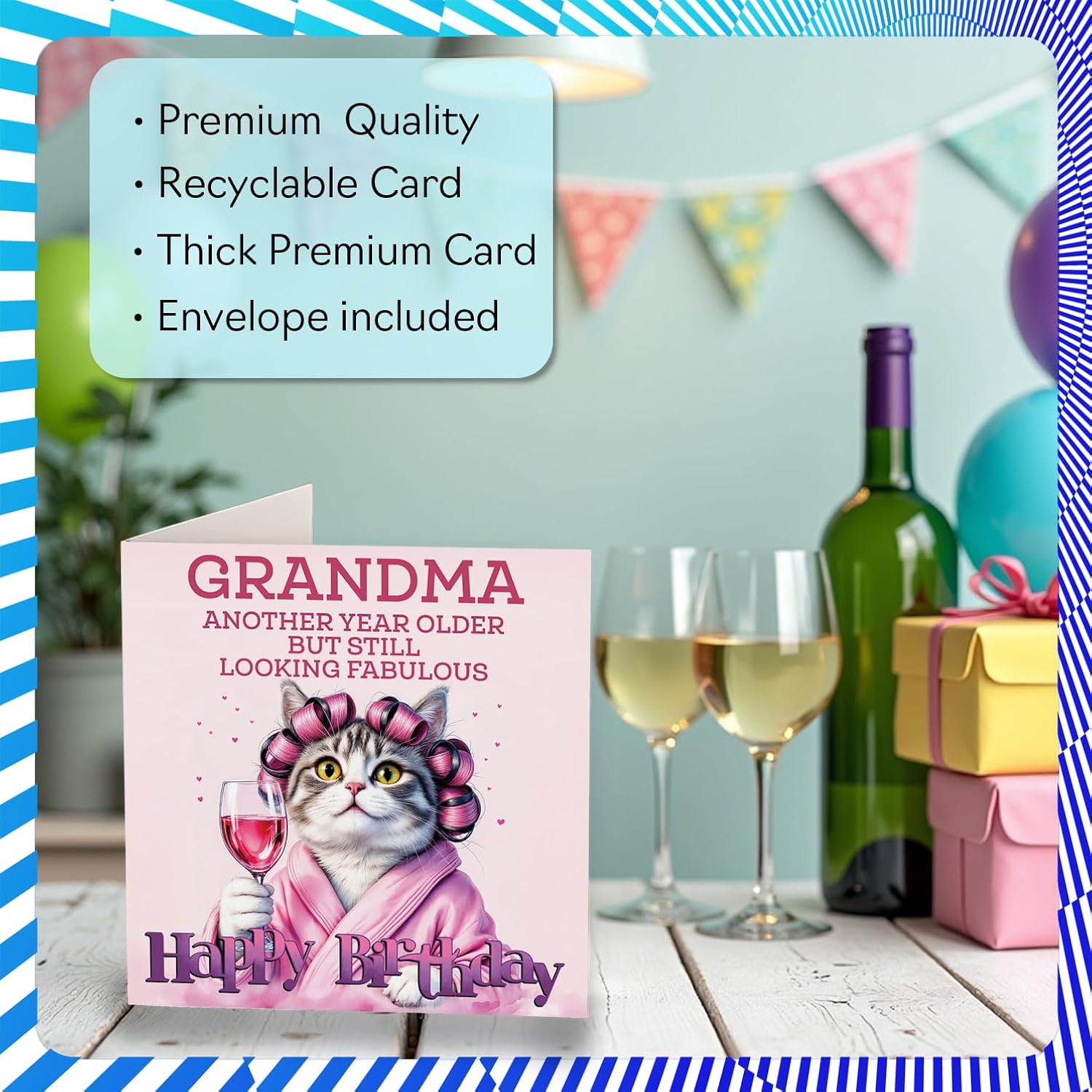 Grandma Birthday Card - Curler Cat - Happy Birthday Card For Grandma From Grandson Granddaughter, 5.7 Inch Curler Cat Bday Greeting Cards